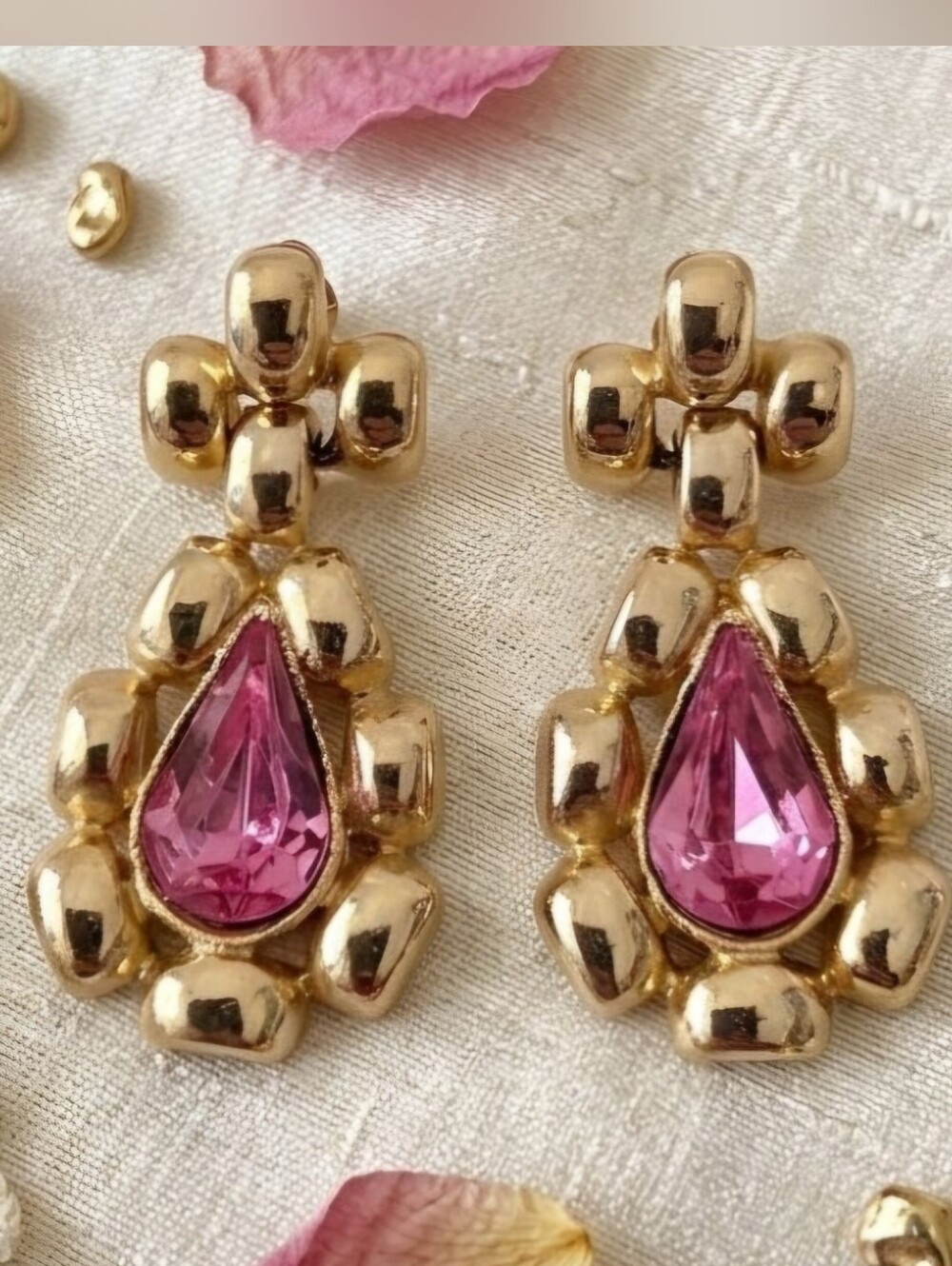 Vintage - Gold-Tone Pink Teardrop Statement Earrings